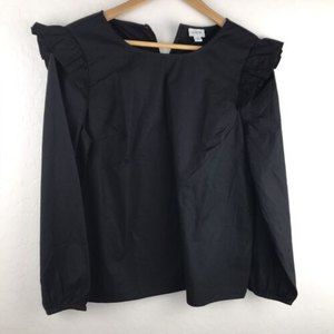 J Crew Factory Women's Black Long Sleeve Blouse Shoulder Ruffle